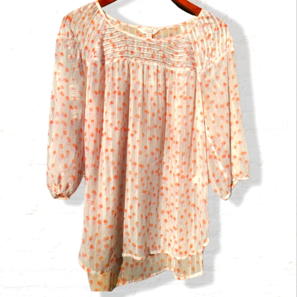 LC Lauren Conrad Peach & White Sheer Delicate Florals Peasant Top size M